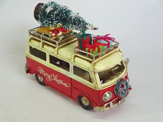 Red Large Vintage Metal Bus with Christmas Tree on Top