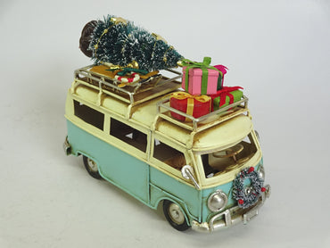 Blue Large Vintage Metal Bus with Christmas Tree on Top