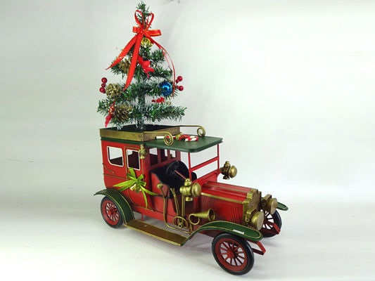Large Red Vintage Christmas Car with Tree & Gifts | Metal & Plastic Holiday Decor