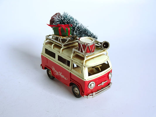 Red Small Vintage Metal Bus with Christmas Tree on Top