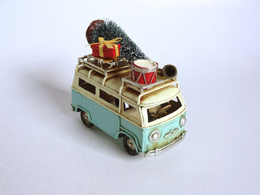 Blue Small Vintage Metal Bus with Christmas Tree on Top