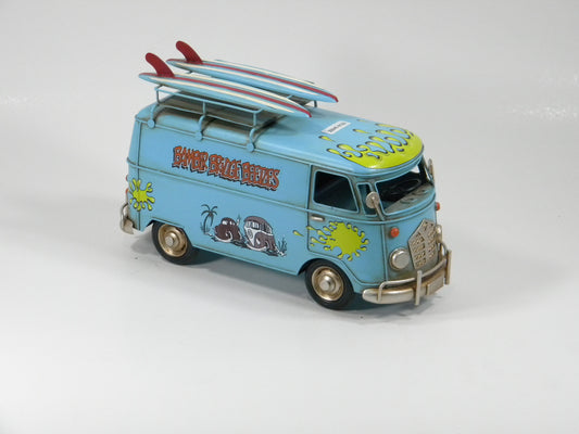 Blue Vintage Surf Van – Handcrafted Metal Kombi with Surfboards