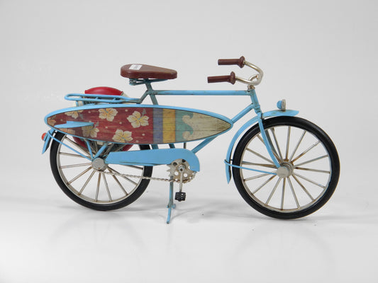 Blue Vintage Bicycle with Surfboard – Handcrafted Metal Decor