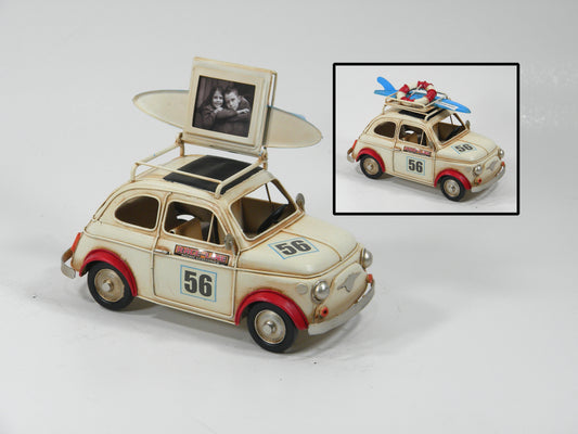 Cream Vintage Beetle Car Photo Frame – Metal Decor with Luggage Rack