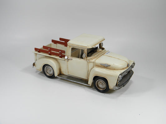 Cream Vintage Metal Pickup Truck with Luggage – Decorative Retro Farmhouse Display
