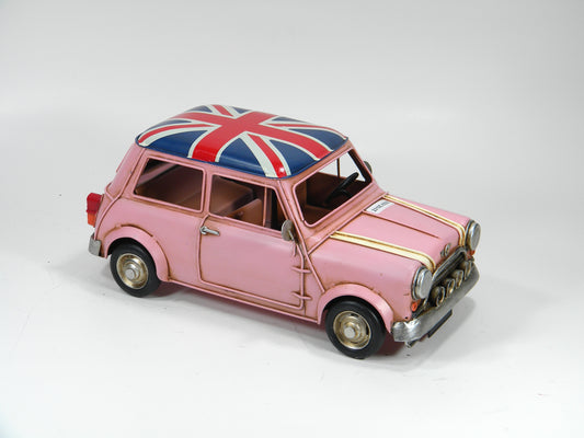 Vintage Pink Mini Cooper Model with Union Jack Roof – Metal Collectible Car