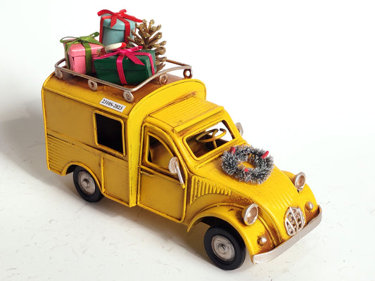 Yellow Vintage Christmas Car with Gifts | Metal Holiday Decoration
