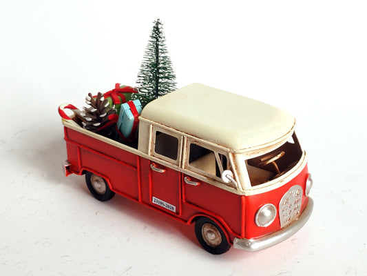 Red Vintage Christmas Bus with Tree | Festive Metal Holiday Decoration