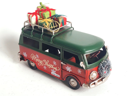 Green Vintage Christmas Bus with Presents | Festive Metal Holiday Decor