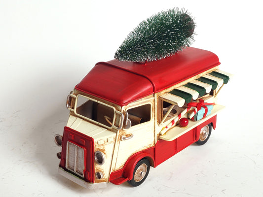 Red Christmas Kombi Van with Tree | Vintage Metal Holiday Car Decoration