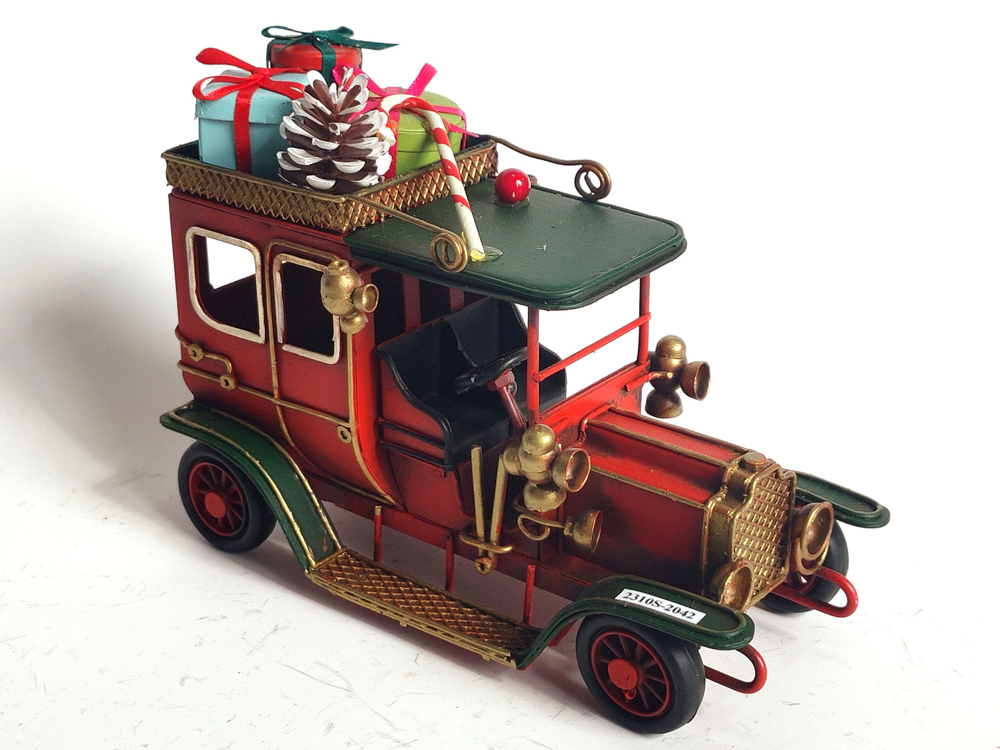 Red Christmas Model T Style Car with Gifts | Vintage Holiday Metal Decoration