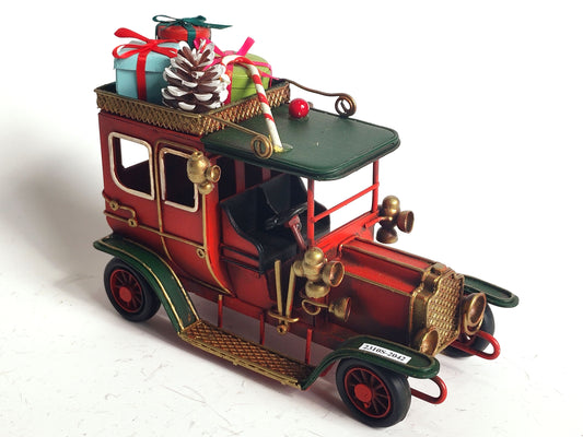 Red Christmas Model T Style Car with Gifts | Vintage Holiday Metal Decoration