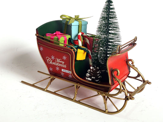 Red Small Vintage Metal Santa's Sleigh with Christmas Tree and Presents