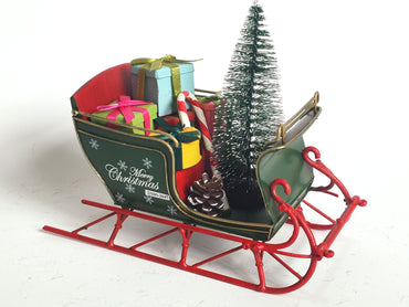 Green Small Vintage Metal Santa's Sleigh with Christmas Tree and Presents