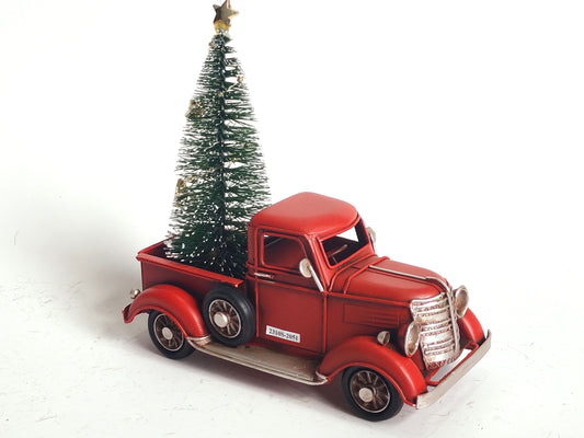 Red Vintage Metal Ute with Christmas Tree in Back