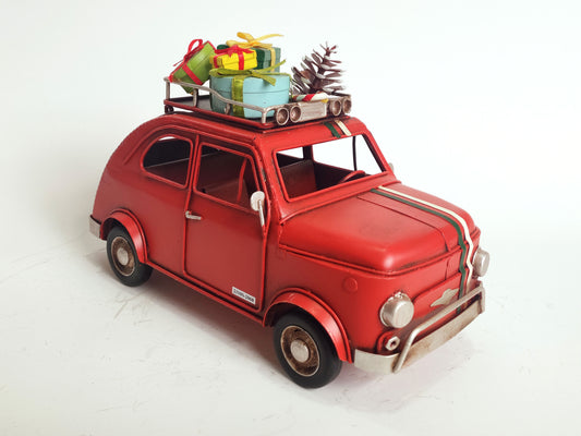 Vintage Red Christmas Car with Gifts | Metal + Plastic Holiday Ornament