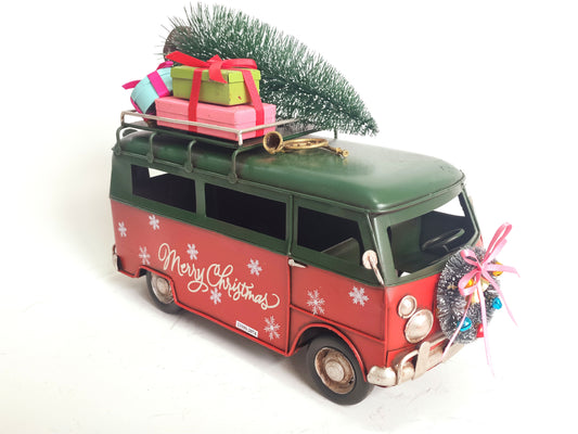 Vintage Green Christmas Bus with Tree & Gifts | Metal + Plastic Holiday Decor