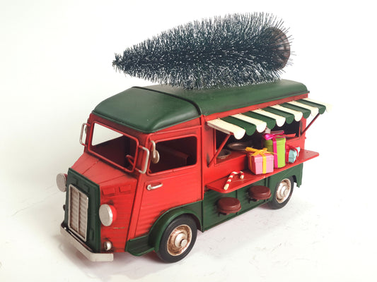 Large Red Vintage Christmas Car with Tree | Festive Metal Holiday Decoration