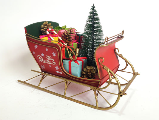 Red Large Vintage Metal Santa's Sleigh with Chistmas Tree and Presents