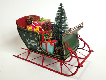 Green Large Vintage Metal Santa's Sleigh with Christmas Tree and Presents