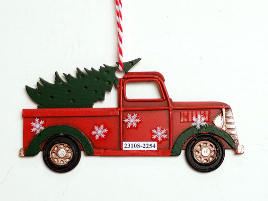 Red Vintage Metal Ute with Christmas Tree in Back