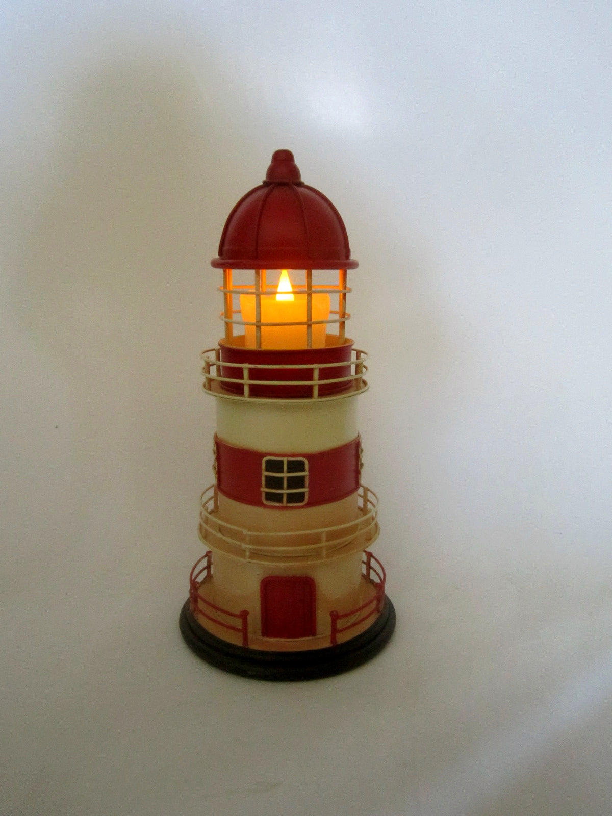 Handmade Red & Cream Lighthouse Metal Candle Holder – Coastal Nautical Decor