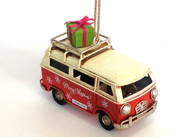 Red Vintage Metal Bus Christmas Tree Ornament