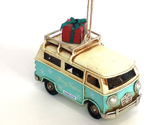 Blue Vintage Metal Bus Christmas Tree Ornament