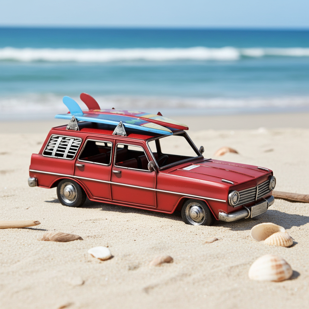 Red Metal Family Car with Roof Rack – Vintage Handcrafted Model