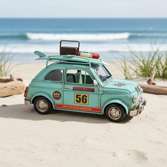 Aqua Blue Mini Coop with Surfboards – Handmade Metal Collectible