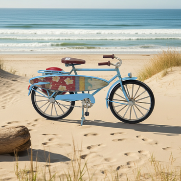 Blue Vintage Bicycle with Surfboard – Handcrafted Metal Decor