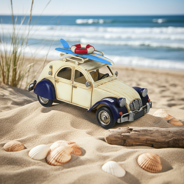 Vintage Cream Metal Car with Surfboards | Classic Beach Day Decor