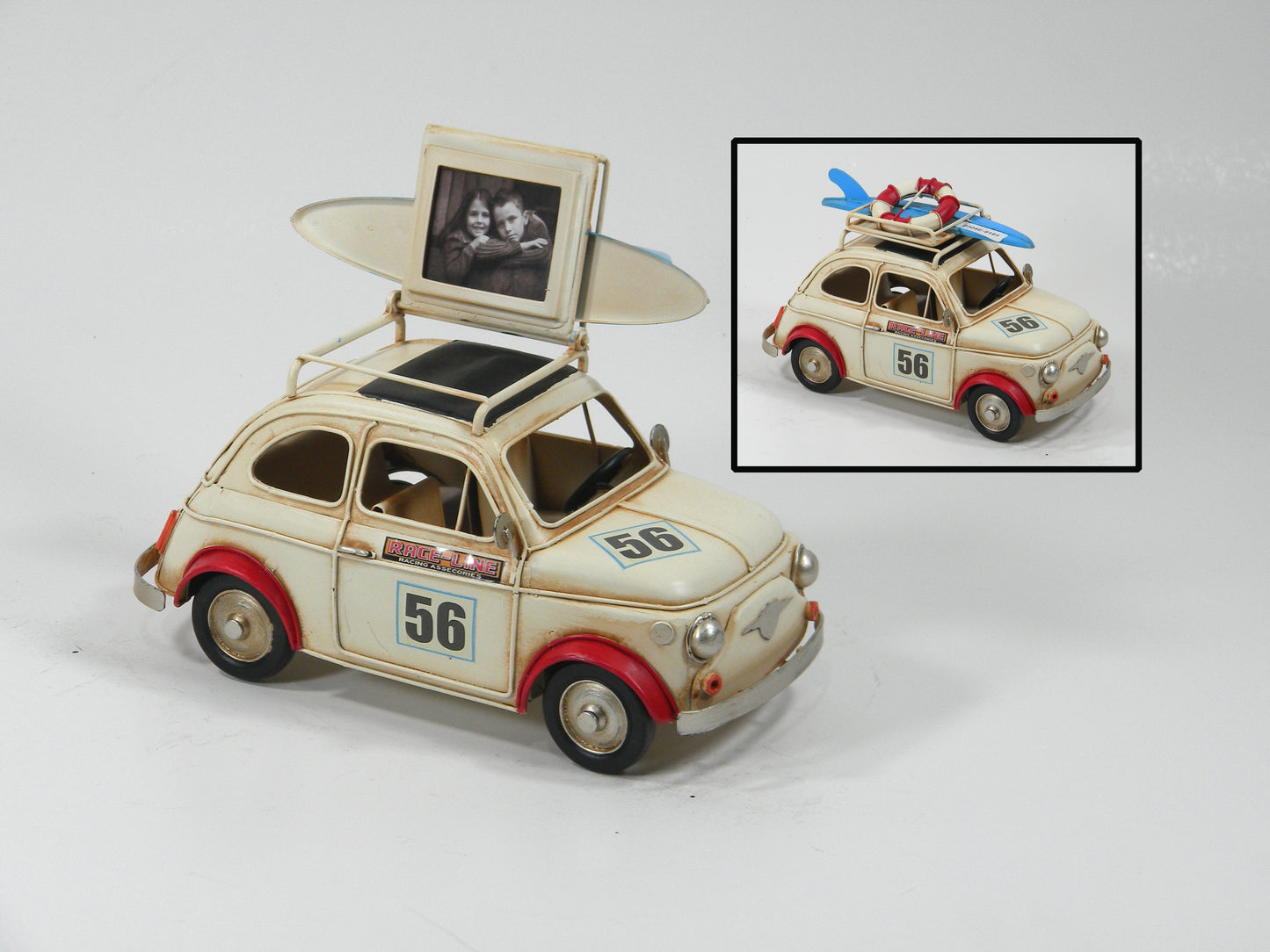 Cream Vintage Beetle Car Photo Frame – Metal Decor with Luggage Rack