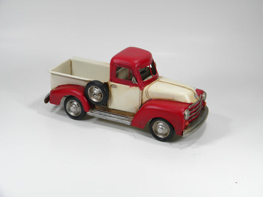 Vintage Red and Cream Metal Pickup Truck – Rustic Farmhouse Display Model