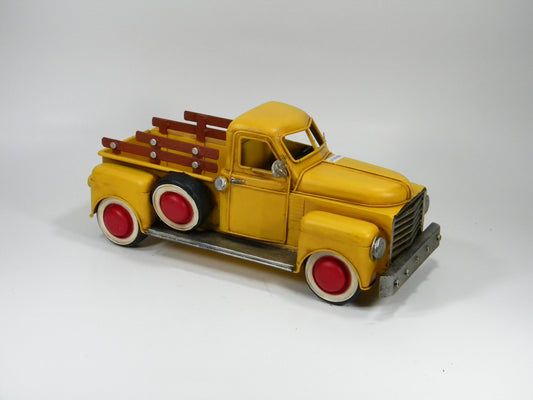 Yellow Vintage Metal Pickup Truck with Wood Rails – Rustic Farmhouse Display
