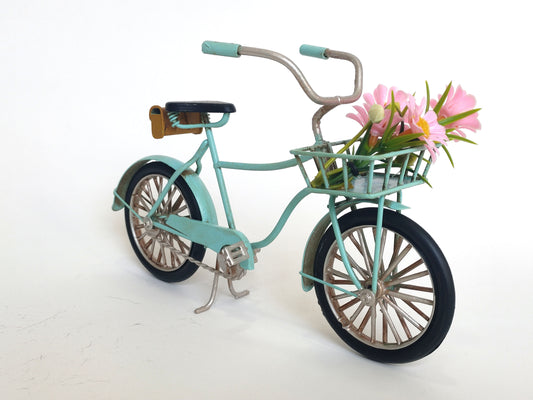 Handmade Mint Green Metal Bicycle with Pink Flowers – Vintage Decorative Ornament