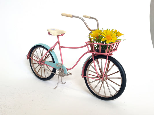 Handmade Pink and Aqua Vintage Bicycle with Yellow Flowers – Metal Decorative Ornament