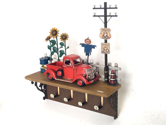 Handmade Route 66 Wall Hook Shelf – Metal Red Truck Vintage Wall Decor
