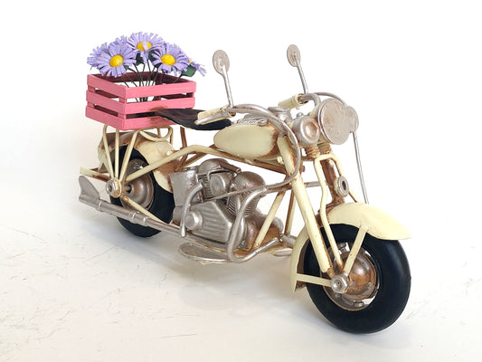 Vintage Metal Motorcycle with Flowers -Cream