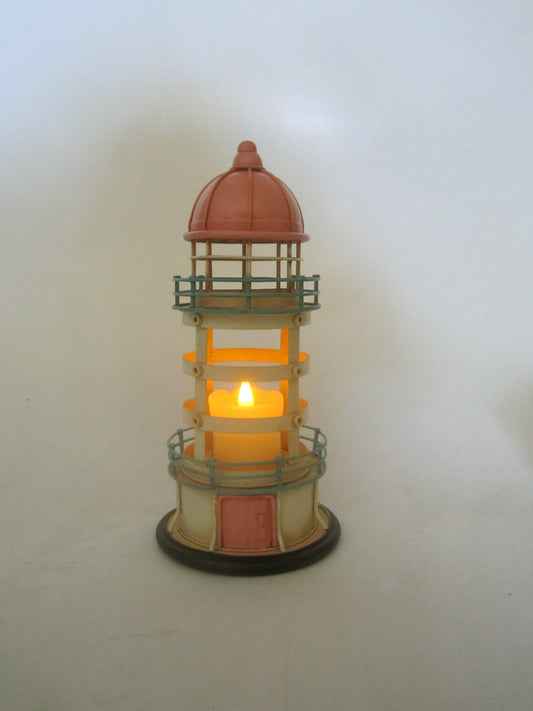 Handmade Pastel Lighthouse Metal Candle Holder – Nautical Coastal Decor