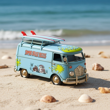 Blue Vintage Surf Van – Handcrafted Metal Kombi with Surfboards