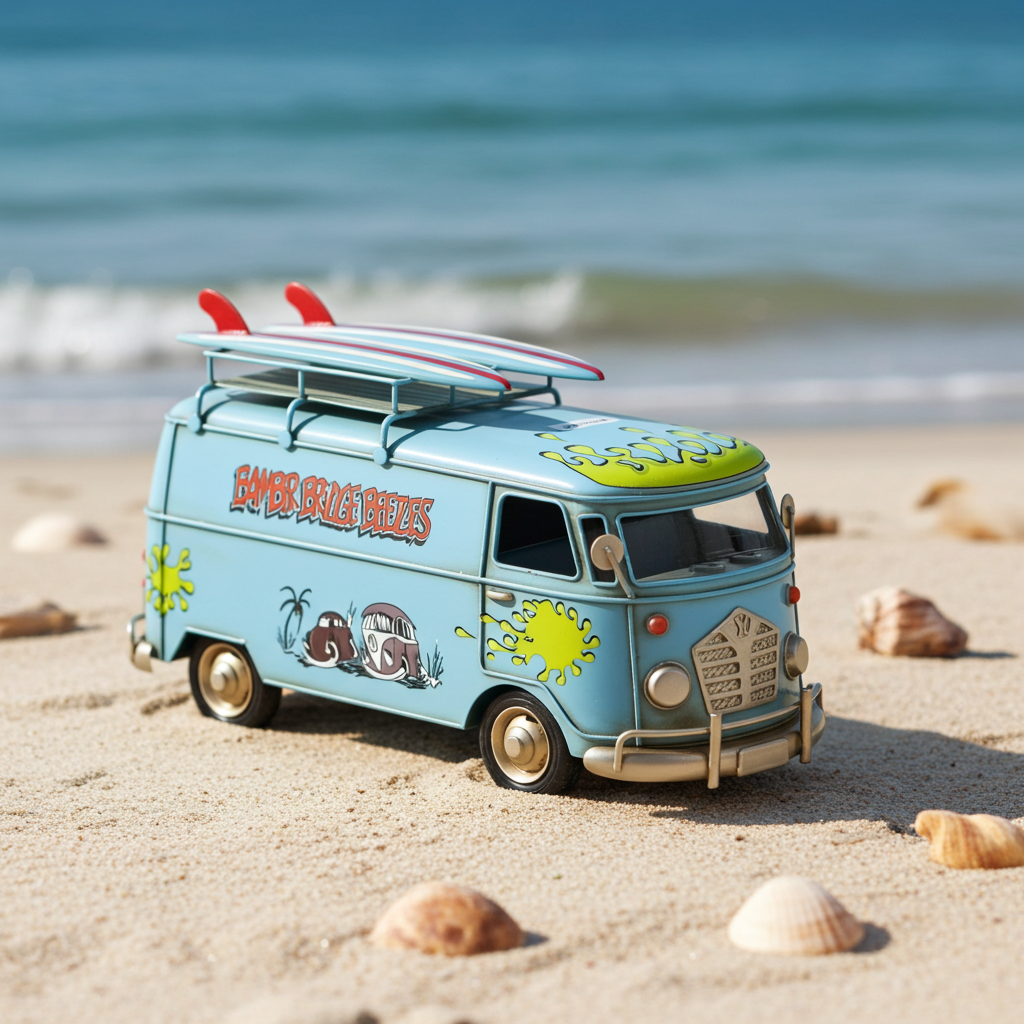 Blue Vintage Surf Van – Handcrafted Metal Kombi with Surfboards