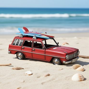 Red Metal Family Car with Roof Rack – Vintage Handcrafted Model
