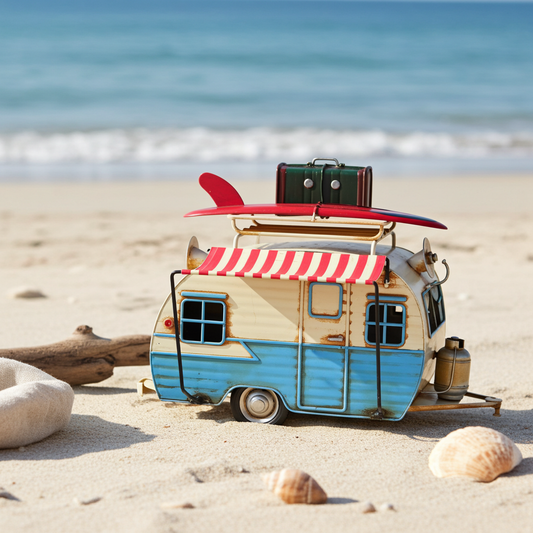 Retro Blue Caravan Trailer – Handcrafted Metal Ornament with Luggage