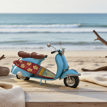 Aqua Blue Vintage Metal Scooter with Surfboard – Retro Decor Model